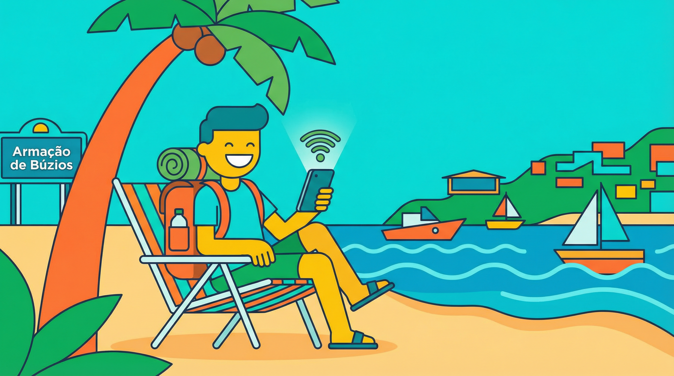 Ilustração de turista feliz usando Wi-Fi em Búzios