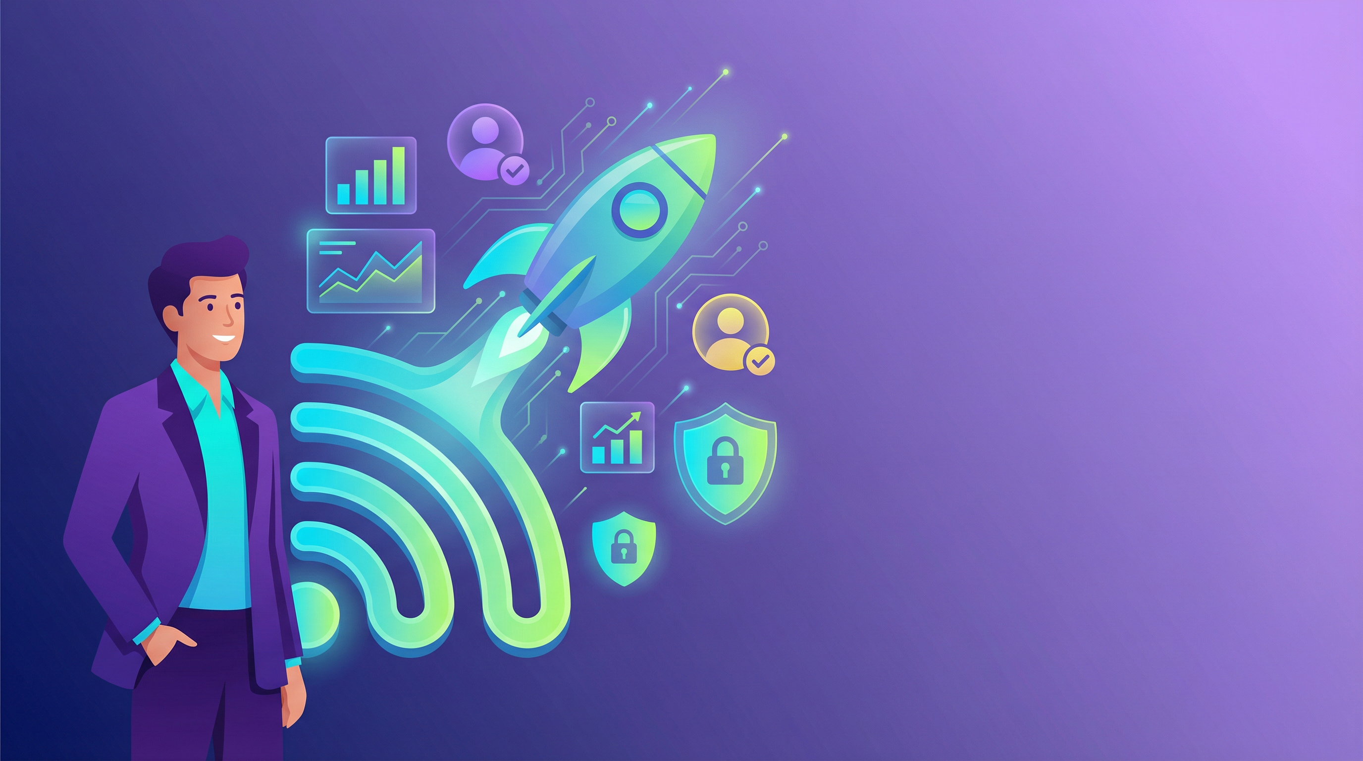 Banner de chamada para ação com profissional e símbolo de Wi-Fi com foguete representando crescimento