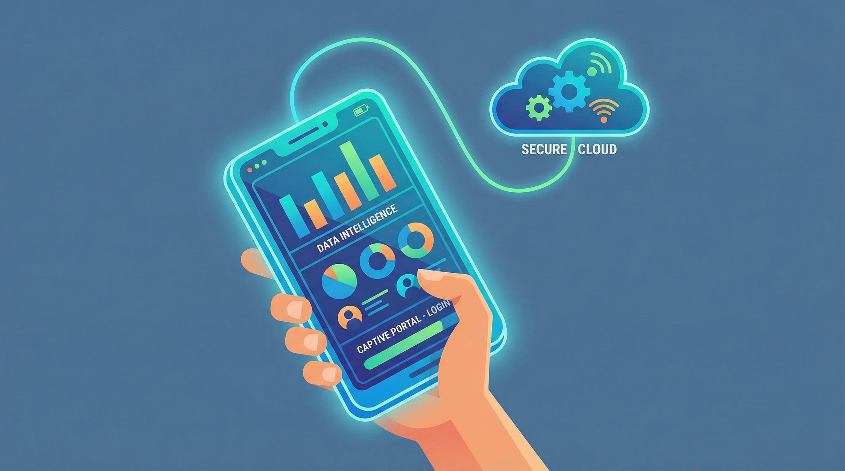 Ilustração de inteligência de dados e captive portal em smartphone